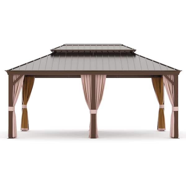 18 ft. x 12 ft. Brown Metal Framed Double-Tier Hardtop Gazebo for Backyard