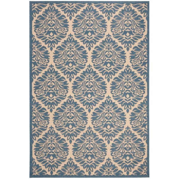 Beach House Cream/Blue Doormat 2 ft. x 4 ft. Floral Damask Indoor/Outdoor Area Rug