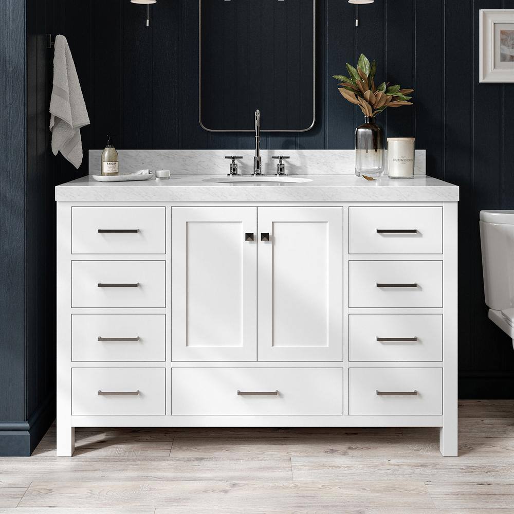 Cambridge 54" White Wood Freestanding Bathroom Vanity with Carrara Marble Top