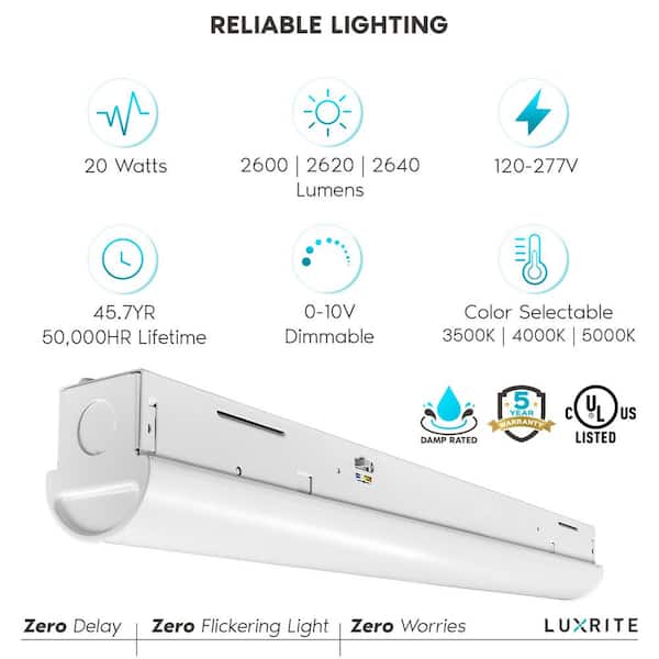 2 ft. 20-Watt 2600 Lumens LED White Slim Shop Light 3 Color Selectable 3500K-5000K Dimmable Damp Rated UL Listed