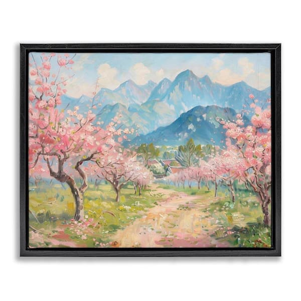 Stupell Industries Cherry Blossom Mountains by LSR Design Studio Black Floater Frame Nature Graphic Art Print 25 in. x 31 in.