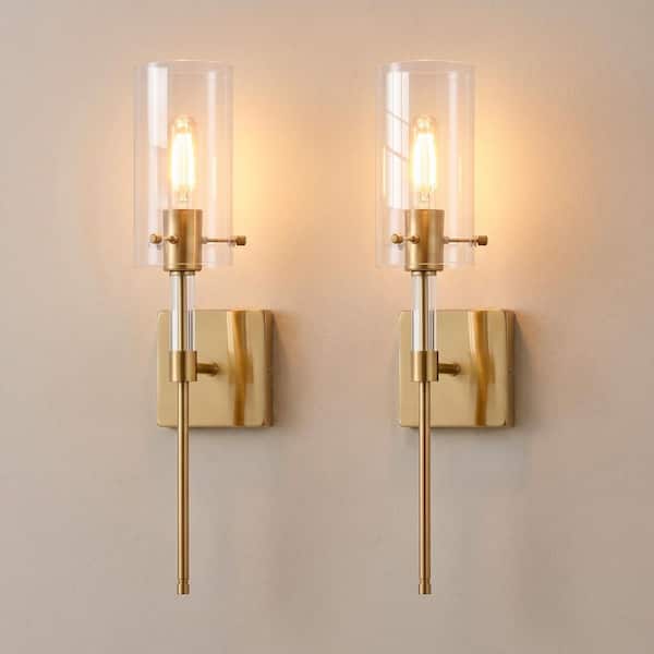 20.25 in. H 1-Light Brushed Gold Modern Cylindrical Armed Wall Sconce Set with Clear Glass Shade (Set of 2)