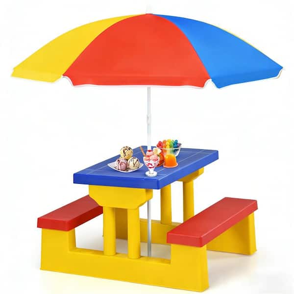 42 in. Multi-Colored Rectangle Plastic Kids Picnic Tables with Removable Umbrella