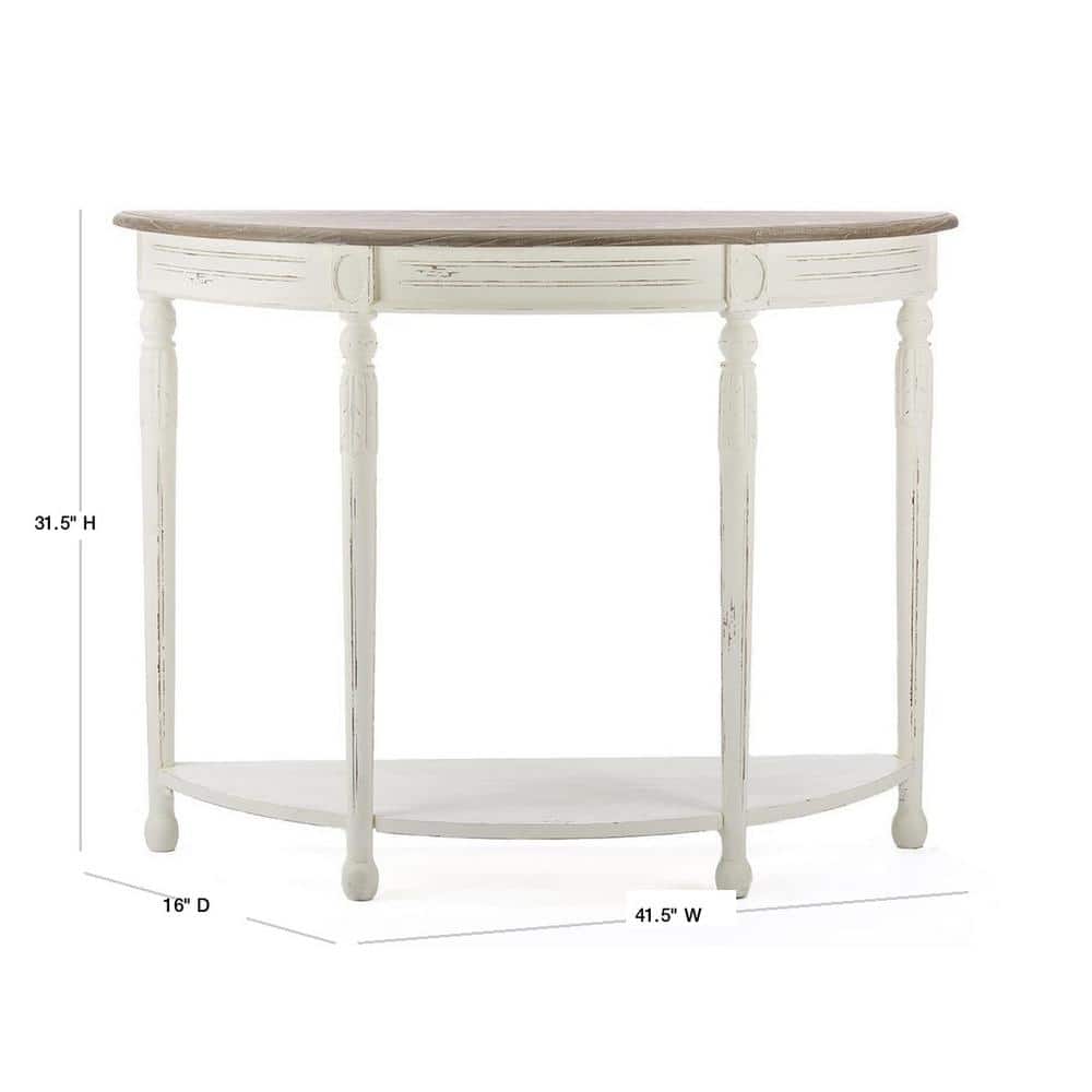 Antique White and Natural Wood Demilune Console Table with Storage