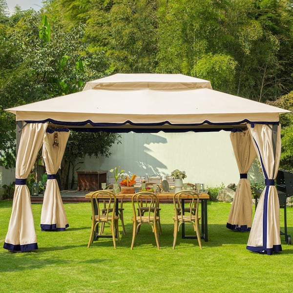 Sizzim 10 ft. x 13 ft. Hardtop Outdoor Double Roof Furniture Gazebo with  Netting&Curtains for Backyard Wedding Garden G30002 - The Home Depot