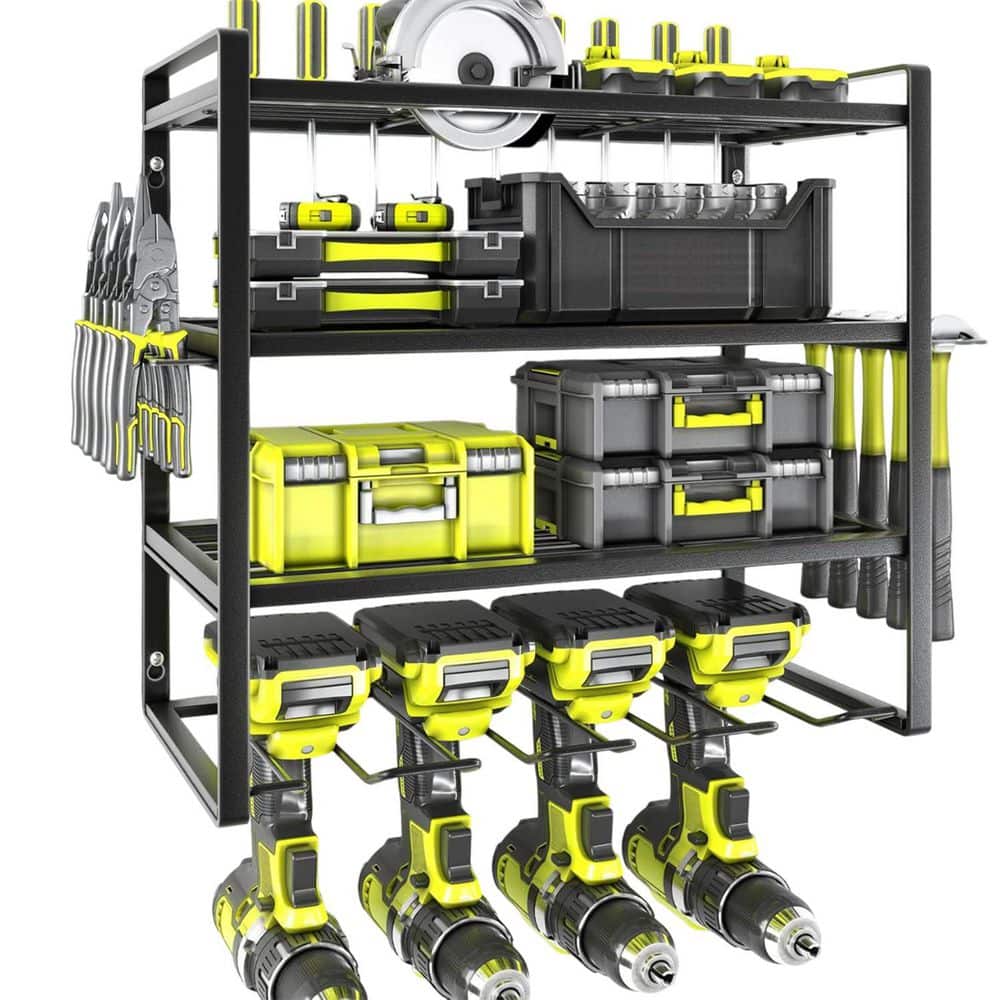 Power Tool Organizer 33.1 in. Black Alloy Steel Heavy Duty 4 Layer Drill Holders Wall Rack with Pliers Hammer Shelves price history on PriceWatchPro