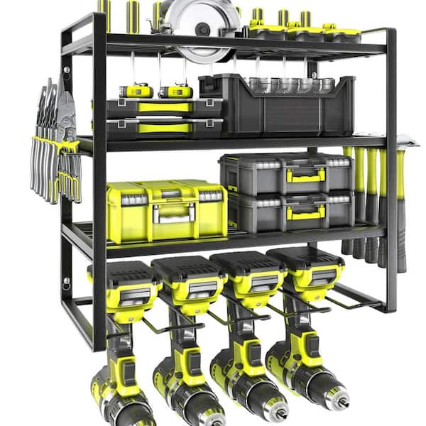Power Tool Organizer 33.1 in. Black Alloy Steel Heavy Duty 4 Layer Drill Holders Wall Rack with Pliers Hammer Shelves