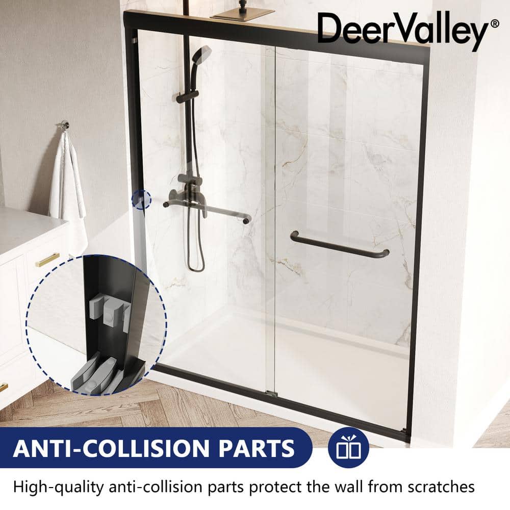 60-Inch Matte Black Aluminum Double Sliding Shower Door with Clear Glass