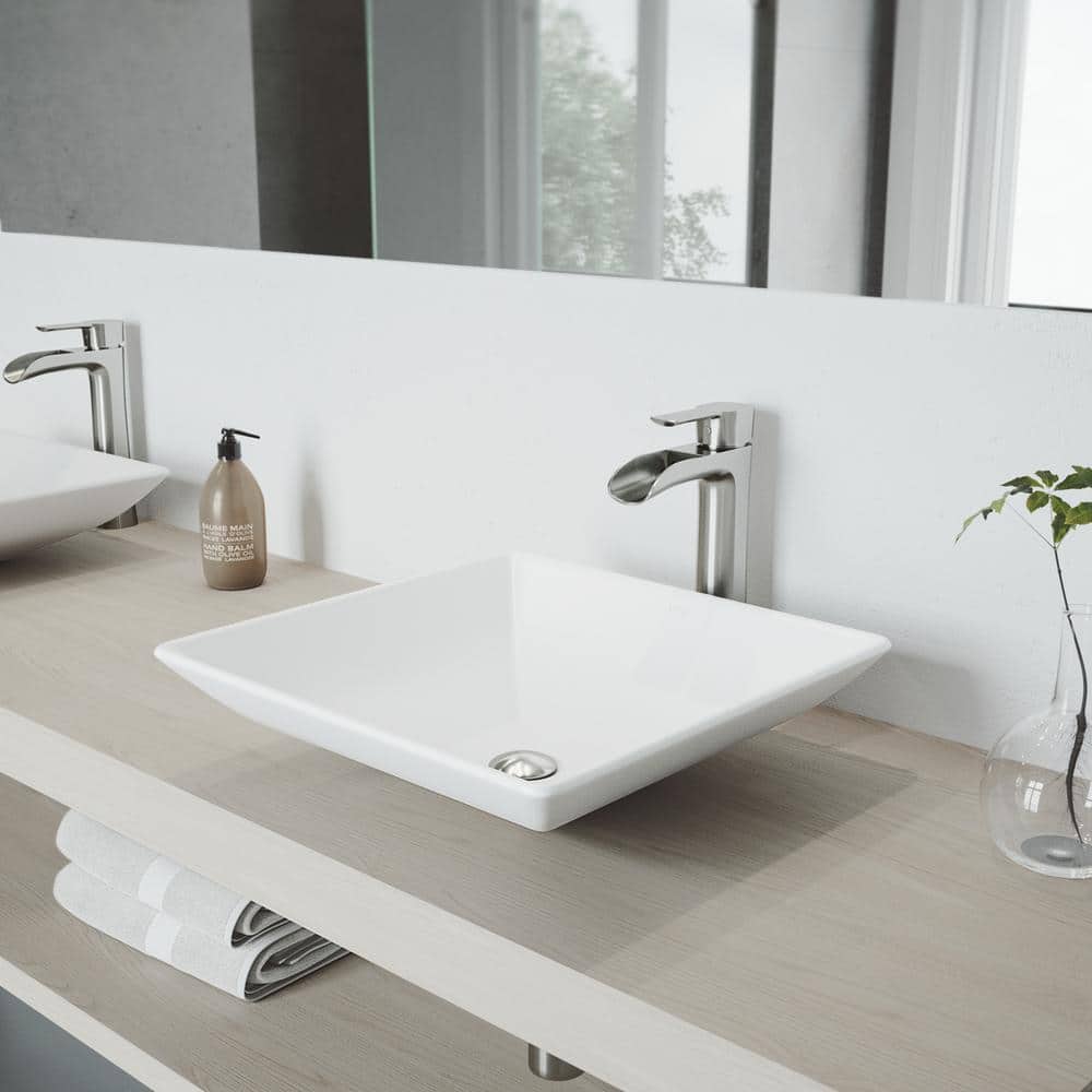Vigo Matte Stone Hibiscus Composite Square Vessel Bathroom Sink In White With Niko Faucet And Pop Up Drain In Brushed Nickel Vgt1086bn The Home Depot