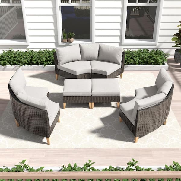 Gymojoy Chic Relax Brown Wicker 6-Seat Outdoor Sectional Sofa Set Patio Conversation Set with Beige Cushions with Ottomans