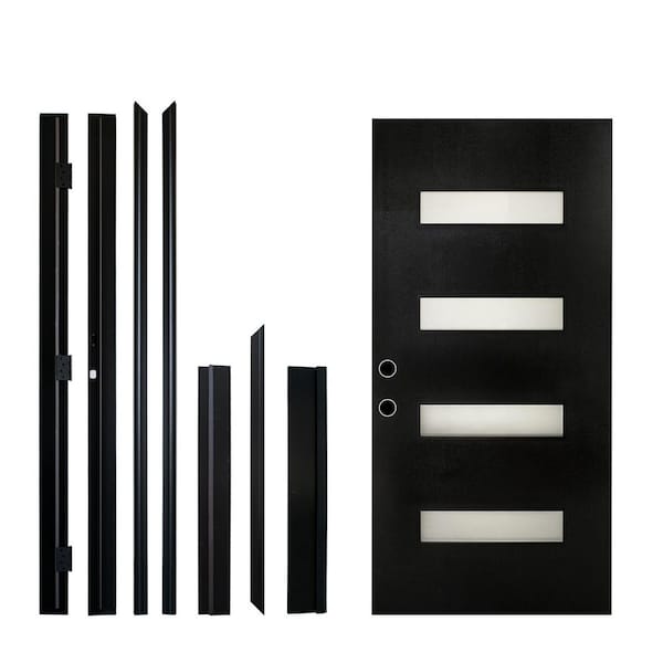 36 in. x 80 in. 4 Lite Black Finish Right-Hand Inswing Frosted Glass Fiberglass Prehung Front Door with Hinge, Threshold