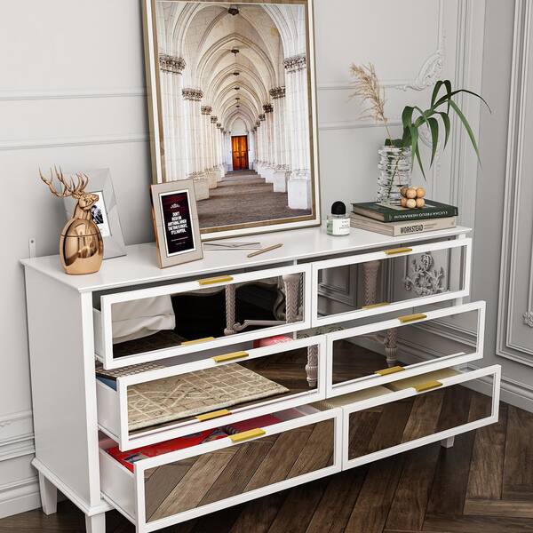 FUFU&GAGA White High Gloss Mirrored 55.1 in. W Dresser With 6 