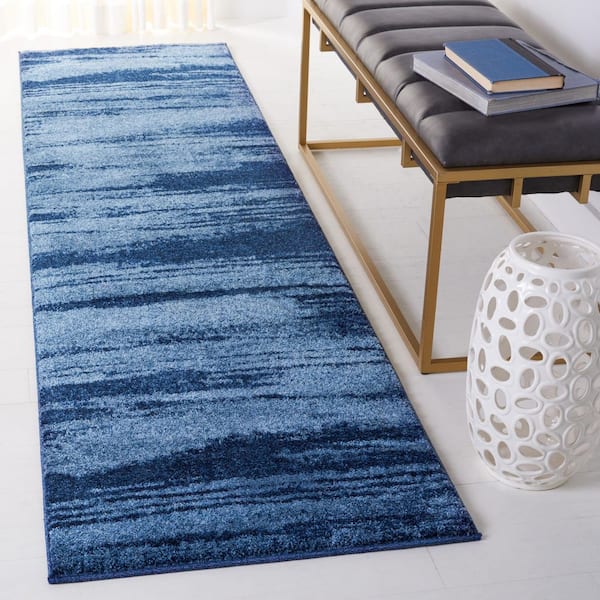 Retro 2 ft. x 21 ft. Light Blue/Blue Striped Monochrome Runner Rug