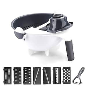 9in1 Multi-Functional Cutting and Draining Basket, Fruit Shredder Grater, Slicer with 8 Replaceable Blades Kitchen Tool