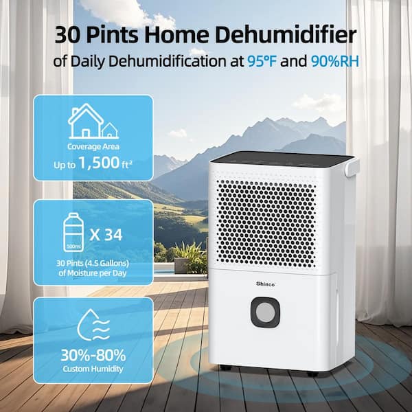30 pt. 1,500 sq.ft. Portable Dehumidifier in White with Auto Defrost, Activated Carbon Filter, Timer, Automatic Shutoff