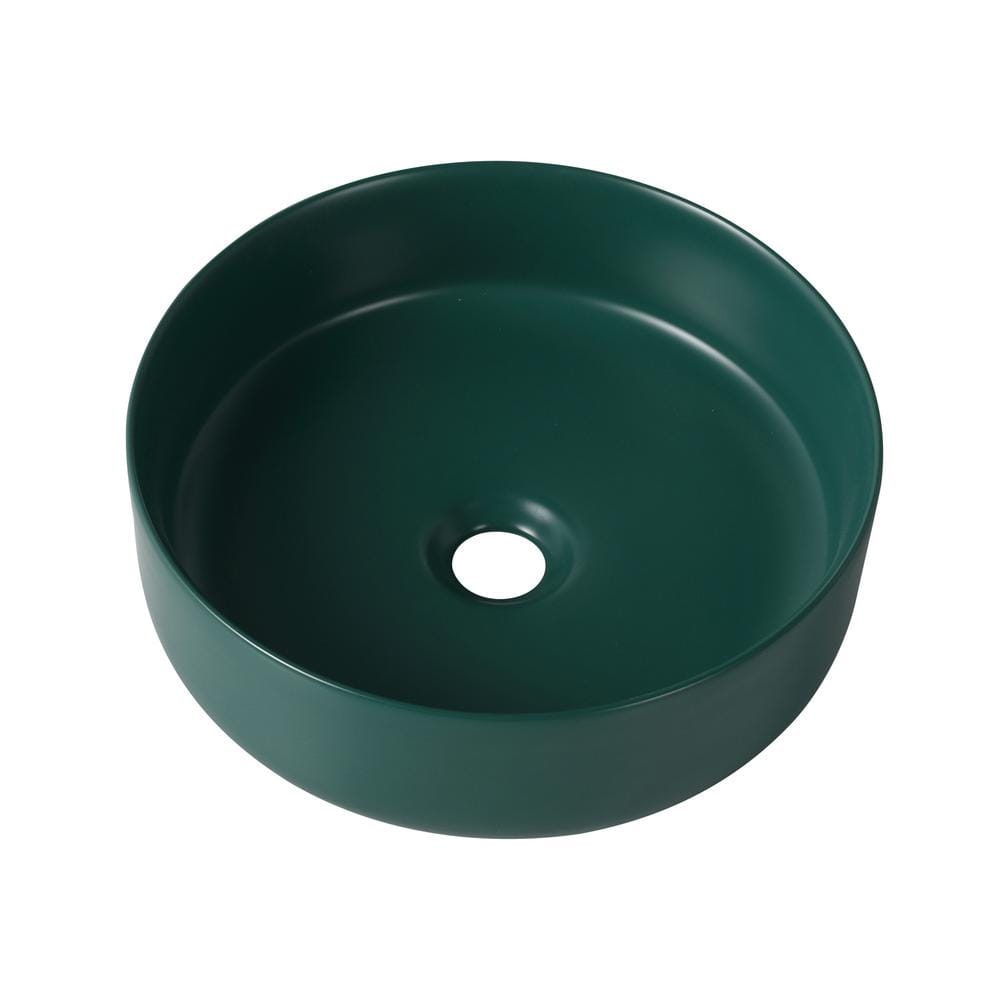 Ceramic Circular Vessel Bathroom Sink without Faucet and Drain in Dark Green -  Zeus & Ruta, GLSINK-DG04