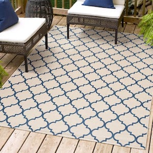 Arabesque Ogee Trellis Beige/Navy 3 ft. x 5 ft. Indoor/Outdoor Area Rug