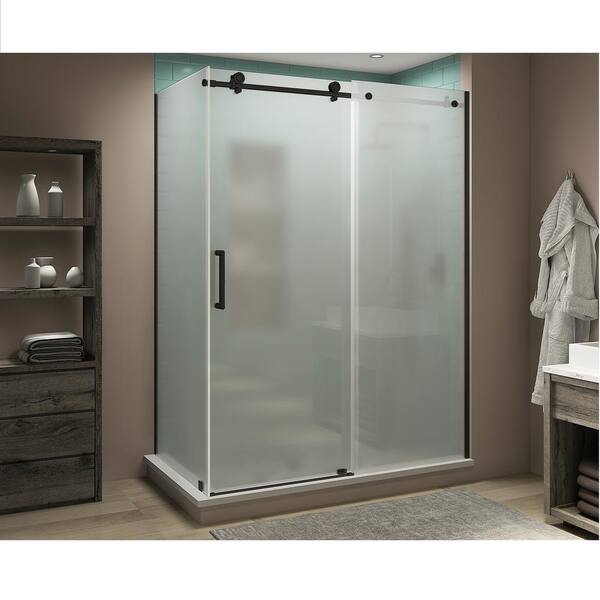 Aston Coraline XL 60 in. - 64 in. x 34 in. x 80 in. Frameless Corner Sliding Shower Enclosure Frosted Glass in Matte Black