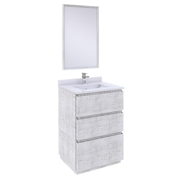 Fresca Formosa 24 in. W x 20 in. D x 35 in. H White Single Sink Bath Vanity in Rustic White with White Vanity Top and Mirror