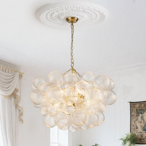 Neuvy 8-Light 33 in. W Brass Chandelier with Swirled-Glass Orb Cluster Bubble Ribbed Glass Chandelier for Living Room
