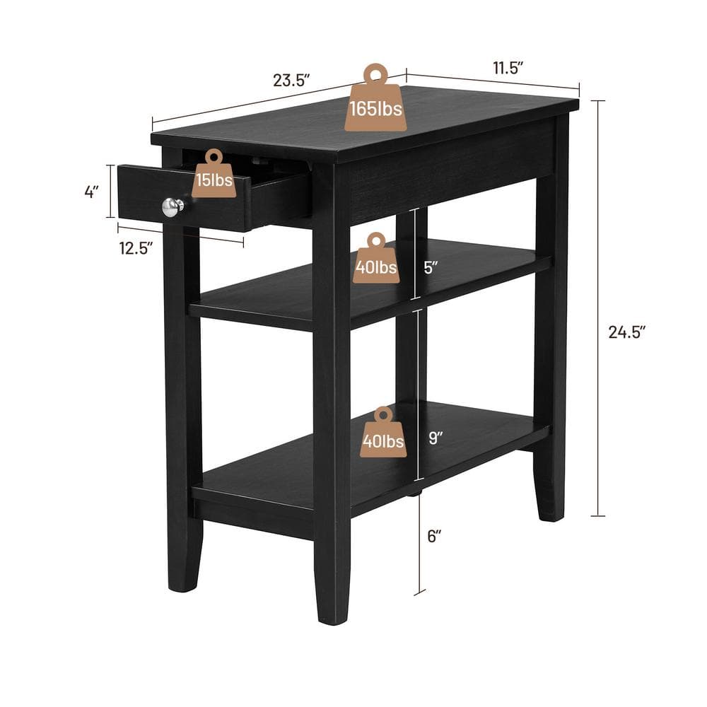 Black Wood Narrow End Table with Drawer and Shelves