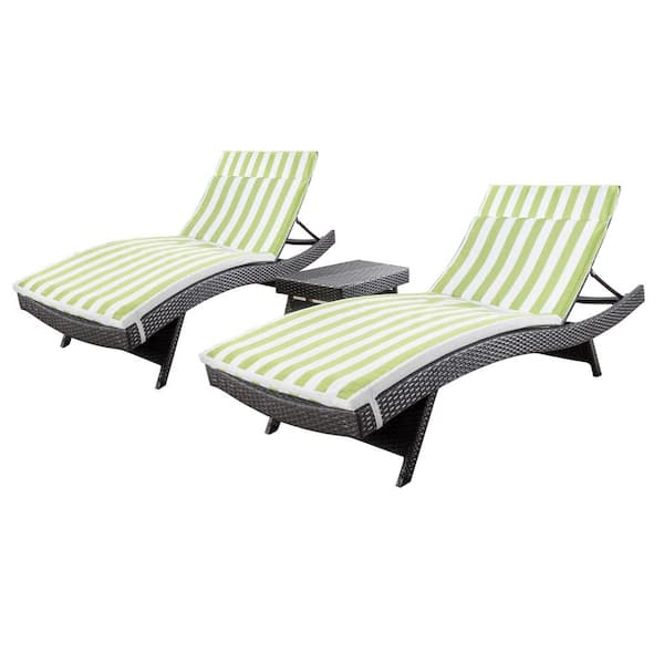 Miller Multi-Brown 3-Piece Faux Rattan Outdoor Chaise Lounge and Table Set with Green/ White Stripe Cushions