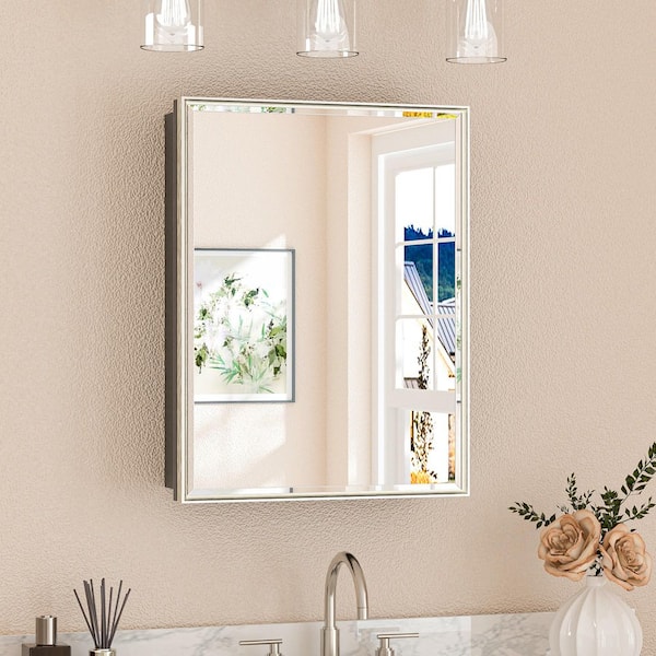 20 in. W x 26 in. H Rectangular Aluminum Brushed Nickel Framed Recessed/Surface Mount Medicine Cabinet with Mirror