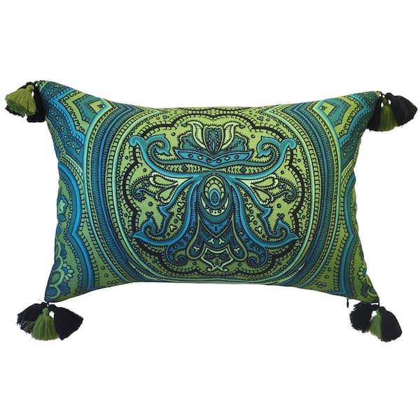 Unbranded Green Multi Arabasque Watercolor Paisley Indoor/Outdoor 14 x 21 Decorative Pillow