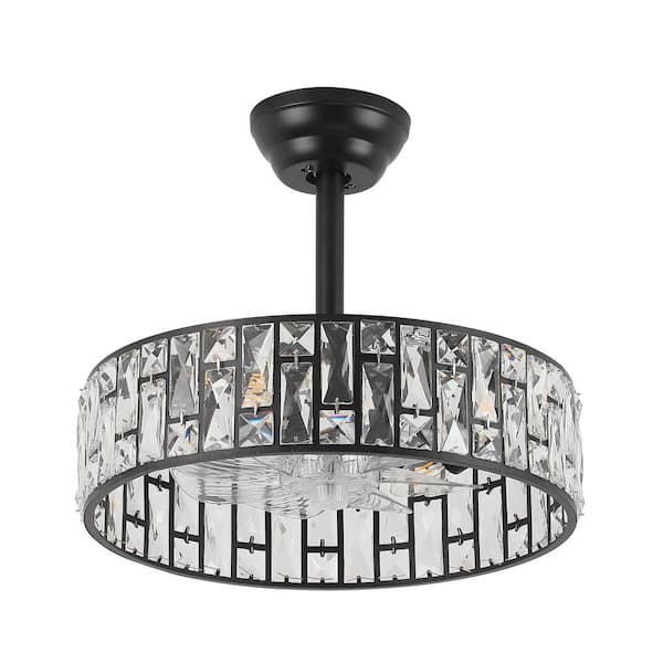 17.71 in. Indoor Modern Black Crystal Ceiling Fan Silent Remote Reversible Fan Blades