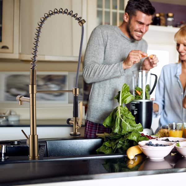 Commercial Deck Mount Double Handle Pull Down Sprayer Kitchen Faucet with Pre-Rinse, Deck Plate, Soap Dispenser in Gold