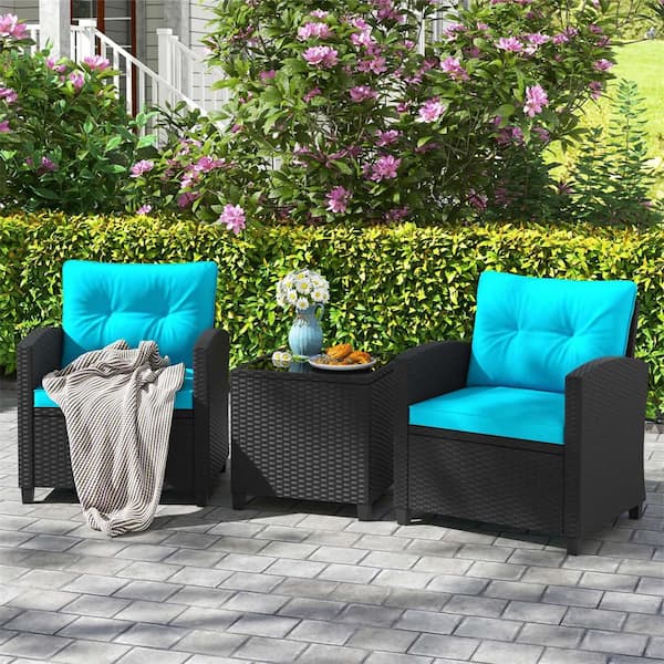 3-Piece Wicker Patio Conversation Set with Tempered Glass Coffee Table Washable Turquoise Cushions