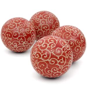 4 in. Red and Beige Vines Porcelain Ball Set