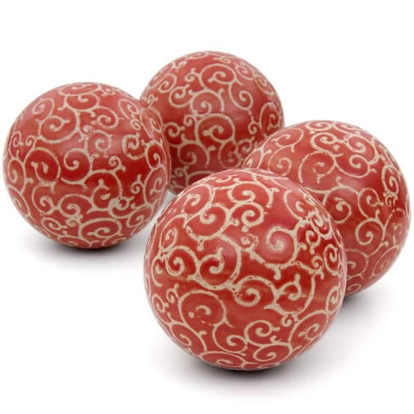 Oriental Furniture 4 in. Red and Beige Vines Porcelain Ball Set