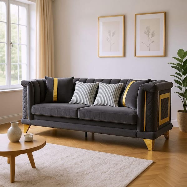 OBMOC 89 in. Rolled Arm Velvet Rectangle Sofa with Plush Cushions and Gold Stainless Steel Legs in Slate Grey