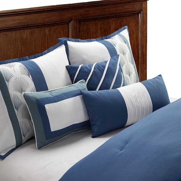 7 Piece Luxury Quilted Patchwork Comforter Set Bed In A Bag,King Size Blue 