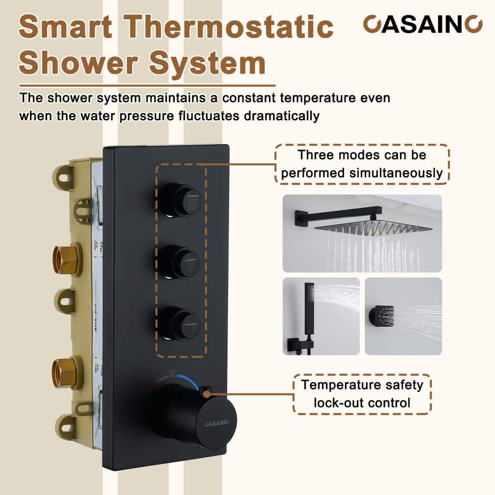 Matte Black 12-Inch Wall Mounted Shower System with Body Jets