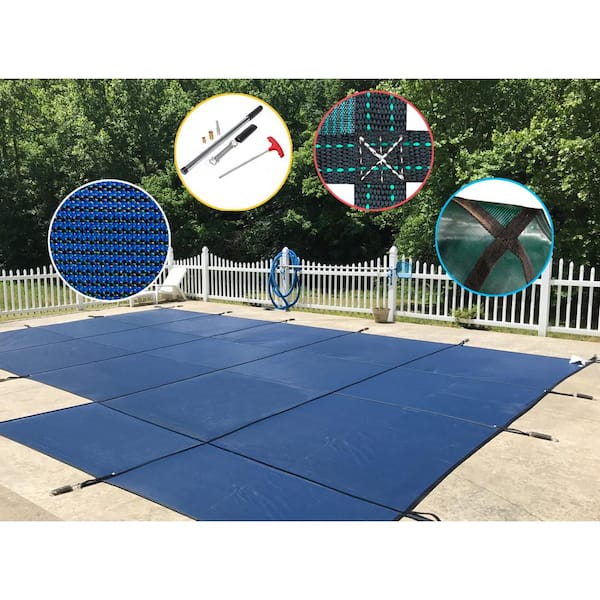 Water Warden 16 ft. x 32 ft. Rectangle Blue Mesh In-Ground Safety Pool Cover for Right End Step, ASTM F1346 Certified