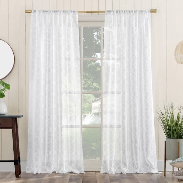 No. 918 Tina Geometric Clipped Jacquard 50 in. W x 63 in. L Light Filtering Rod Pocket Curtain Panel in White