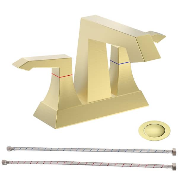 Fapully 4 in. Centerset 2-Handles Bathroom Faucet, Modern Square Basin Faucet with Pop Up Drain in Brushed Gold