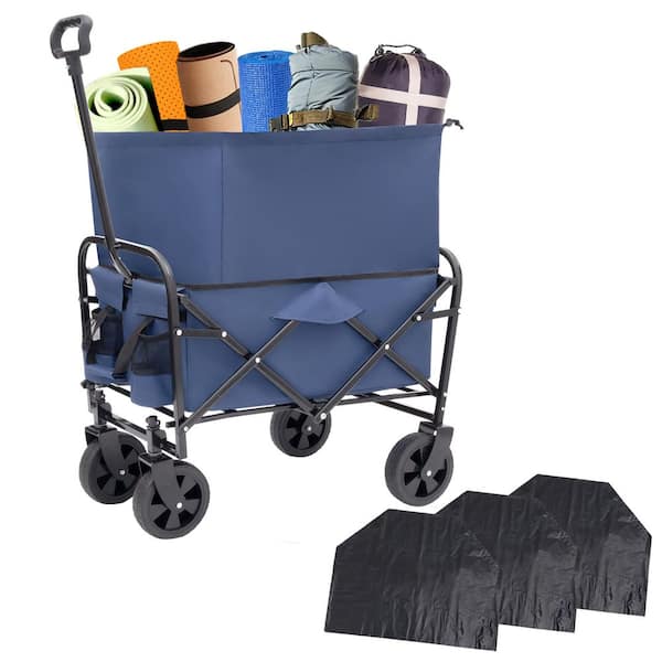 Dark Blue 2.6 cu. ft. Steel Collapsible Garden Cart with Cover, Multi-use Bag and 3-Pieces Plastic Liner Bag