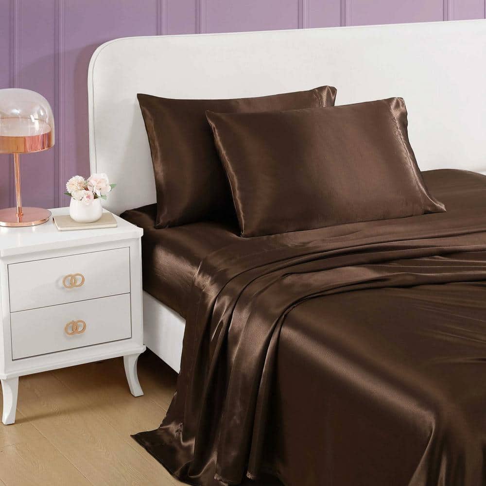 Espresso Brown Twin Satin Sheet Set with Microfiber