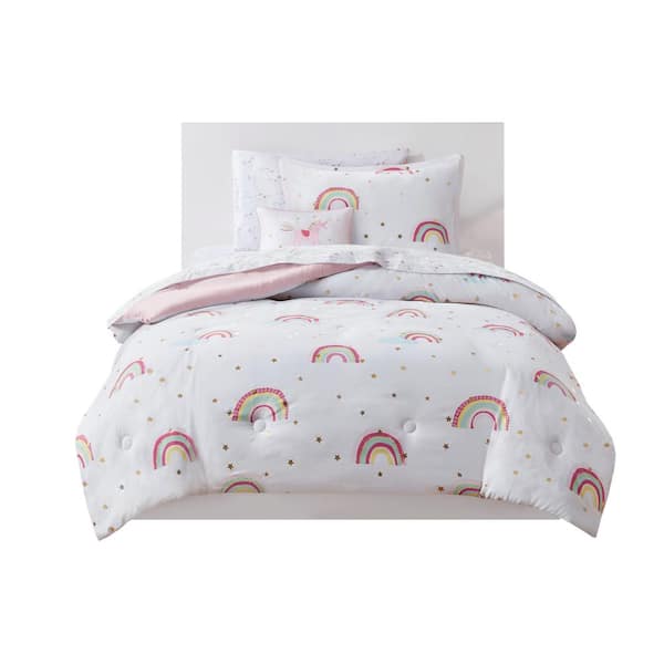 Mi Zone Kids Mia 6-Piece White Twin Polyester Rainbow and Metallic Stars Comforter Set with Bed Sheets