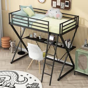 Black Twin Size Metal Loft Bed with X-Shaped Frame, Built-in Wood Desk, Sloping ladder