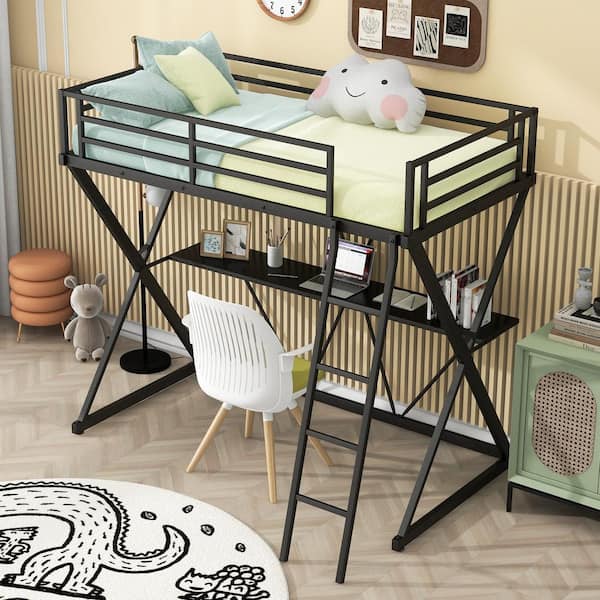 Harper & Bright Designs Black Twin Size Metal Loft Bed with X-Shaped Frame, Built-in Wood Desk, Sloping ladder