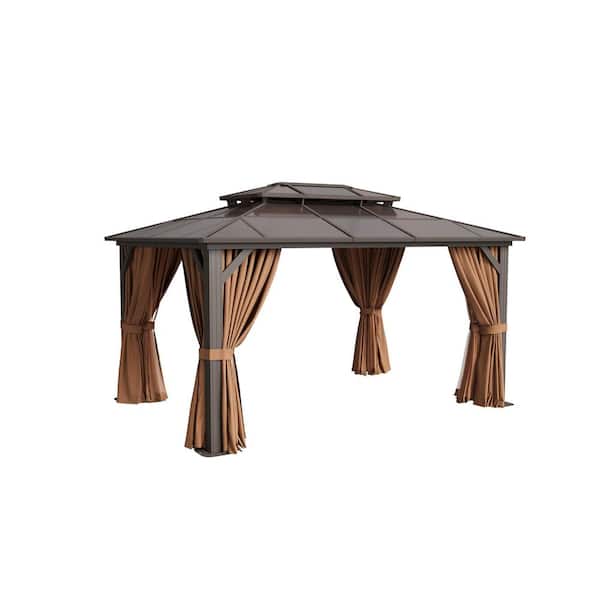 Sizzim Brown Hardtop Gazebo 12 ft. x 20 ft., Aluminum Frame Permanent Pavilion with Curtains and Netting