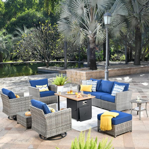 Toject Eufaula Gray 10-Piece Wicker Outdoor Patio Conversation Sofa Set with a Storage Shelf Fire Pit and Navy Blue Cushions