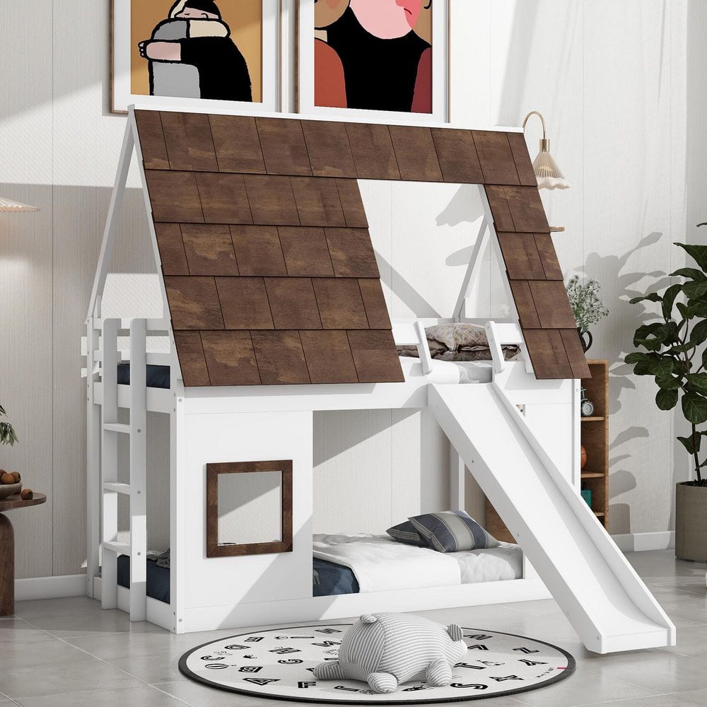 White and Brown Twin House Bunk Bed with Roof and Slide