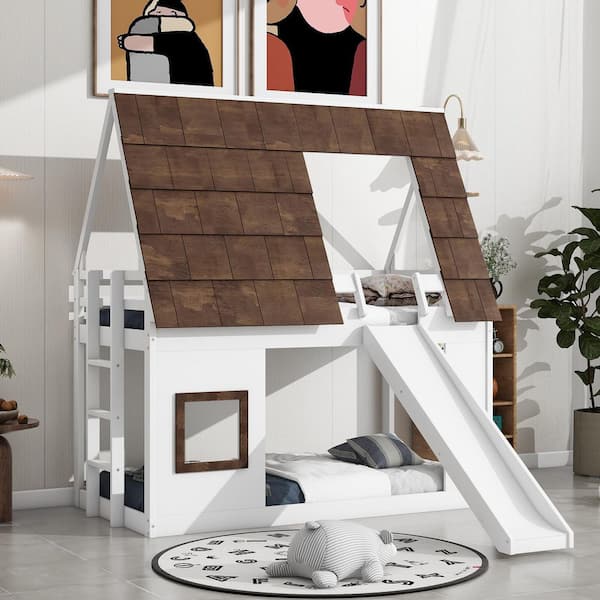 White and Brown Twin House Bunk Bed with Roof and Slide