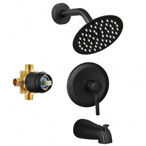3-Piece Tub Shower Trim Kit with Single Handle Mixing Valve 6 in. Rain Shower Head Tub Spout in Matte Black for Bathroom