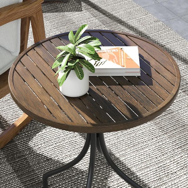 Brown Metal Outdoor Side Table Patio Round Table with Slat Tabletop for Garden Backyard Porch Balcony gh 87 The Home Depot